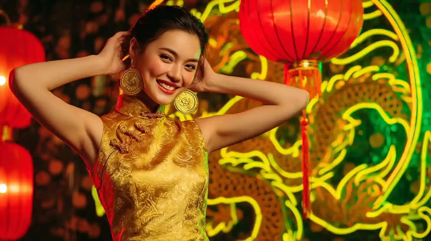 สาวสวยสวมต่างหูทองกับโคมไฟจีนและมังกรทอง