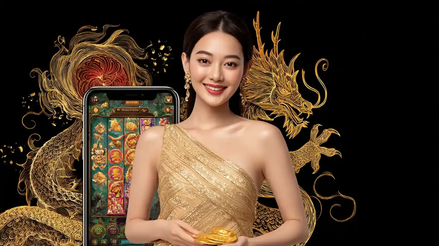 หญิงสาวสวยถือเหรียญทองข้างโทรศัพท์มือถือและมังกรทอง