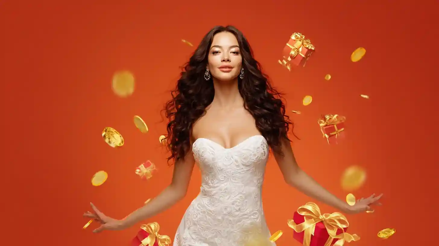 หญิงสาวสวยในชุดเดรสสีขาวกับเหรียญทองและของขวัญลอย