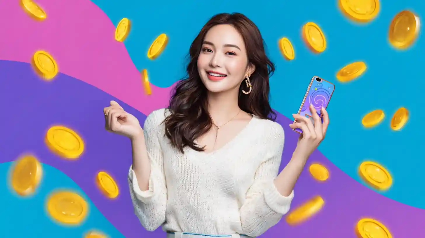 หญิงสาวยิ้มถือโทรศัพท์มือถือมีเหรียญทองลอยรอบตัว
